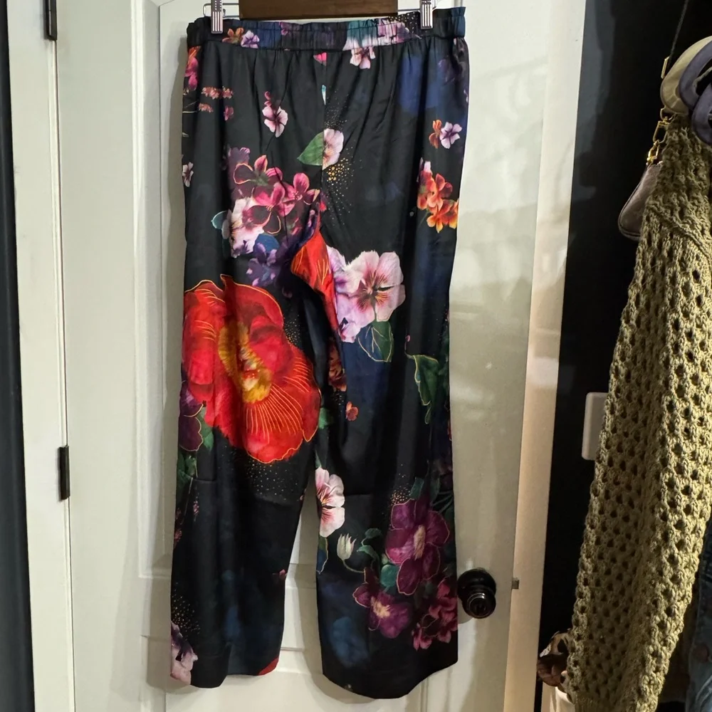 SOMA DRAMA BLOOMS GRAND BLACK SATIN PAJAMA PANTS - Picture 2 of 5